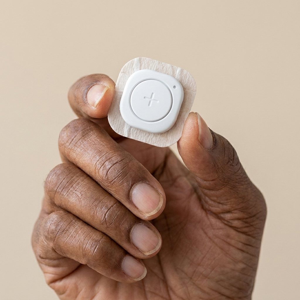The small Aevia patch held in an older adult's hand