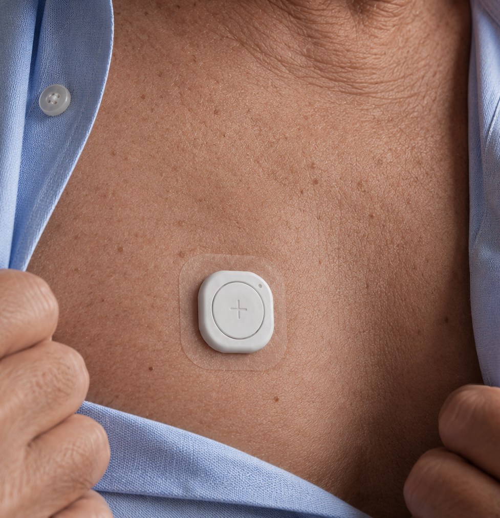 The Aevia patch worn on the chest, slim and discreet