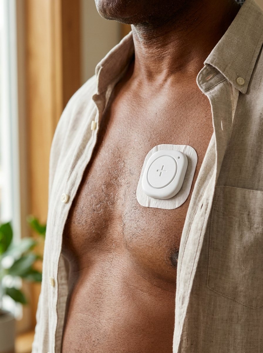 The Aevia patch worn on the chest, slim and discreet